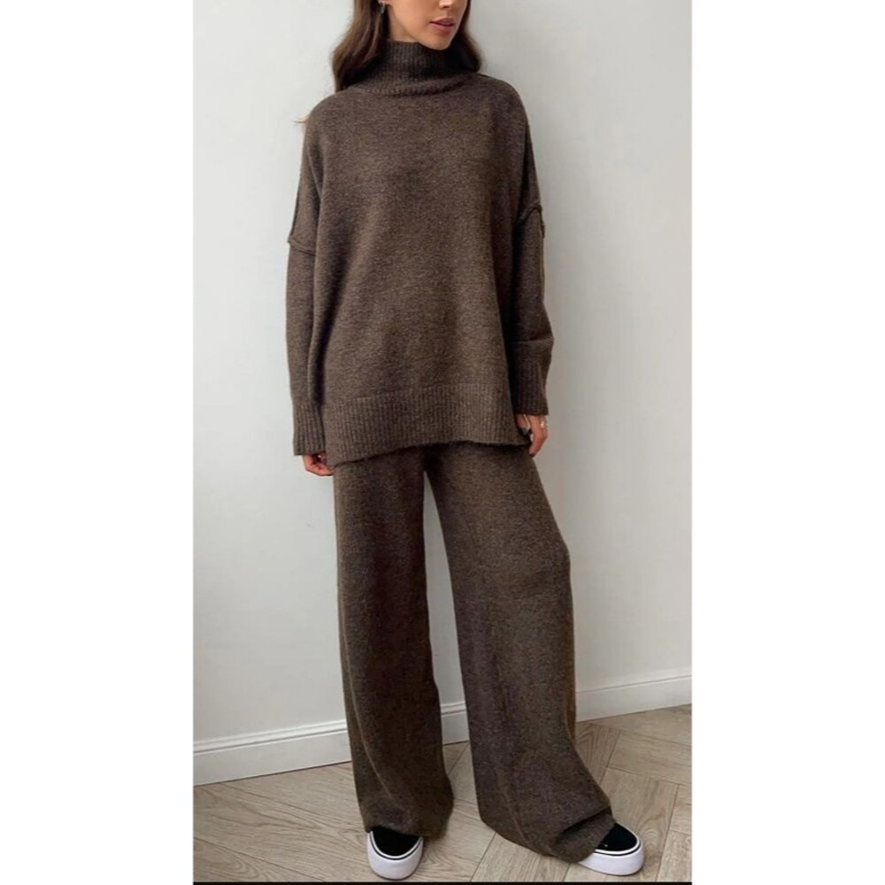 Commense Womens Turtleneck Knit Two Piece Set Loungewear Oversized Brown Medium - Picture 1 of 13